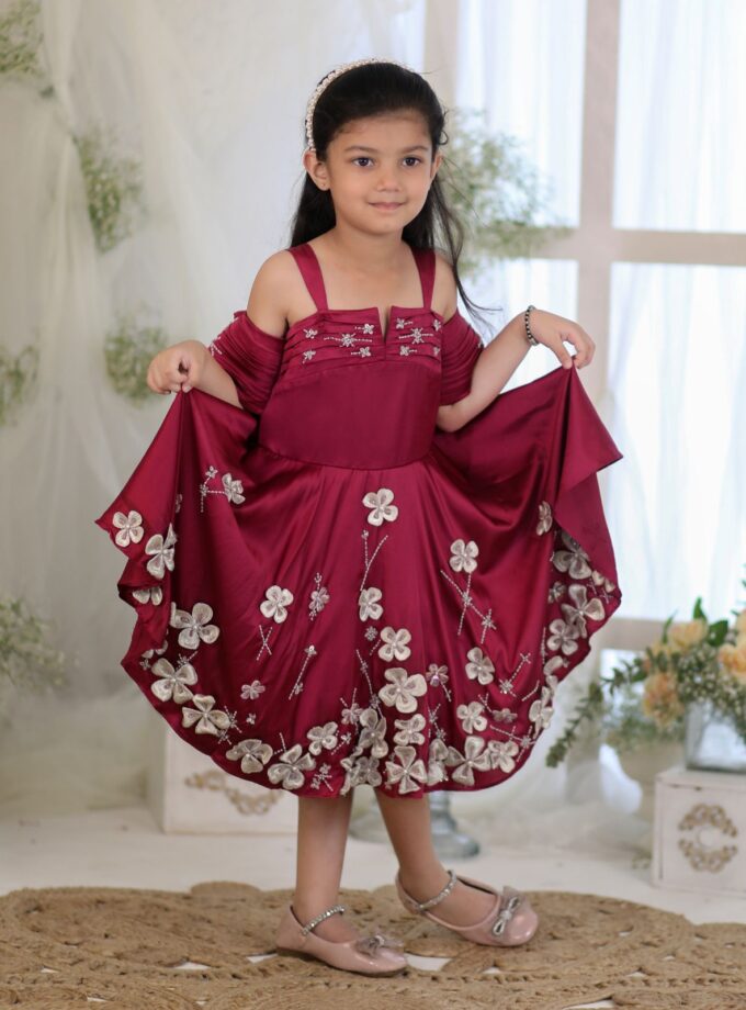 Maroon 3d Flower Dress